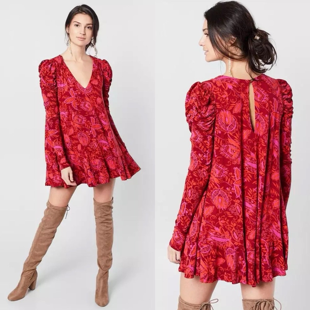 Free People Hello Lover Puff Ruched Sleeve Tunic Top Mini Dress Floral Boho XS